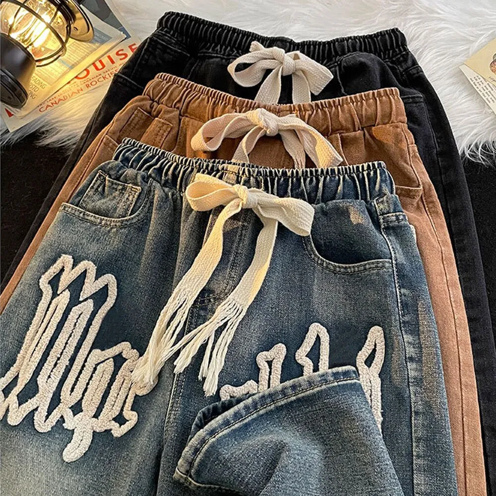 Men's Y2K Letter Embroidery Clothes Baggy Jeans Elastic Drawstring Wide Jogger Pants Streetwear For Men Korean Style Black