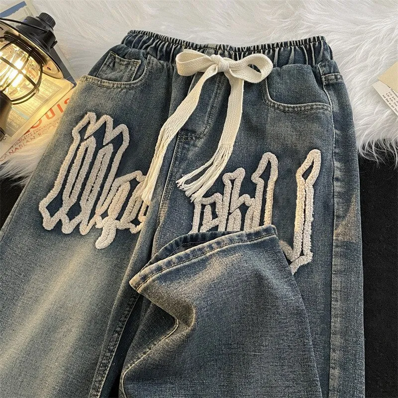 Men's Y2K Letter Embroidery Clothes Baggy Jeans Elastic Drawstring Wide Jogger Pants Streetwear For Men Korean Style Black