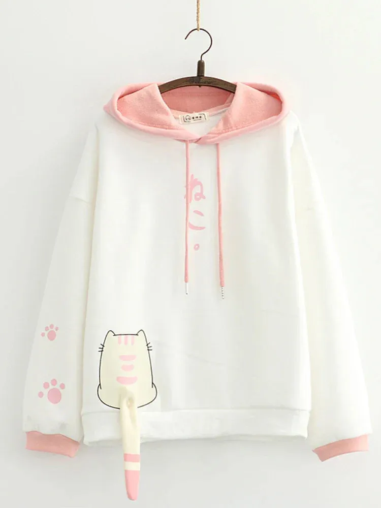 Metaversmall Women Winter Fleece Sweatshirt Casual Loose Long Sleeve Hoodies New Arrival Female Cartoon Print Harakuju Top Pullovers