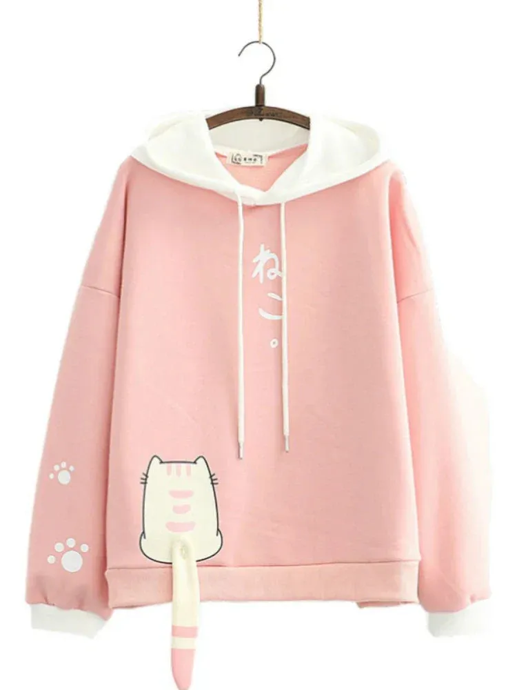 Metaversmall Women Winter Fleece Sweatshirt Casual Loose Long Sleeve Hoodies New Arrival Female Cartoon Print Harakuju Top Pullovers