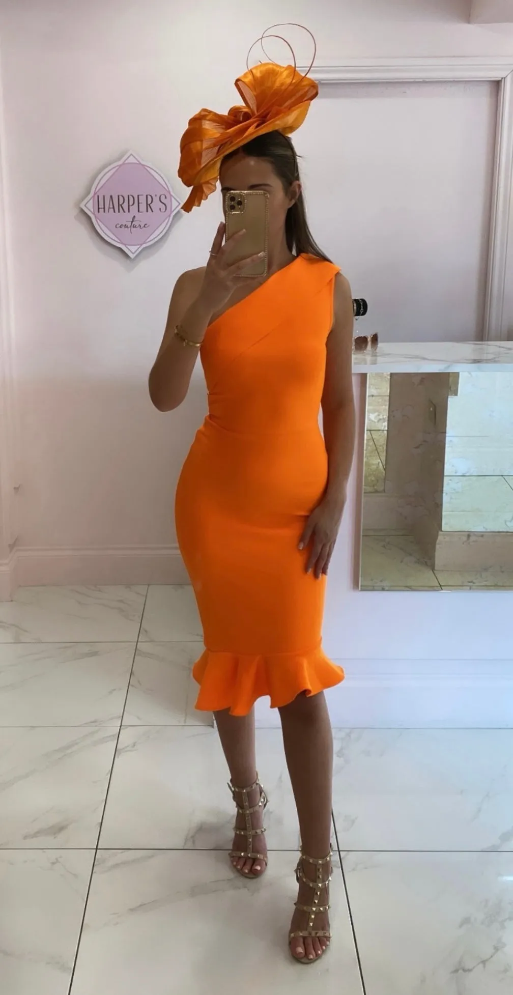 Mimia Neon Orange One Shoulder Bandage Dress