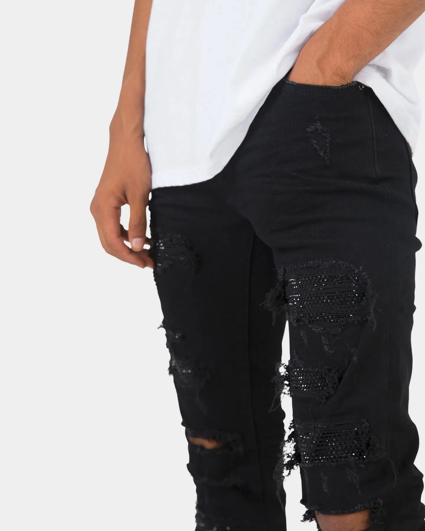 MNML X201 Rhinestone Stretch Denim Jeans Black