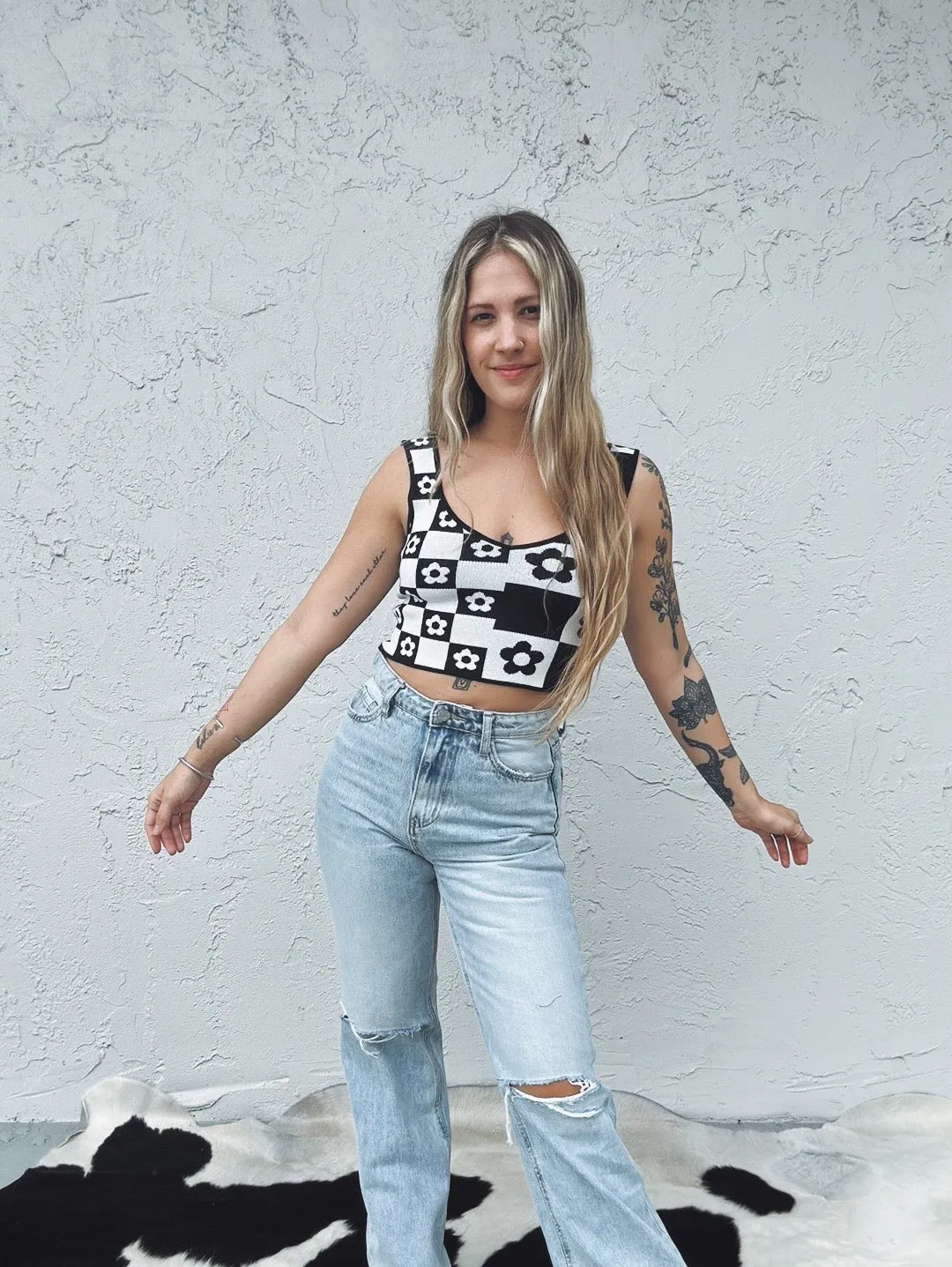 More Than Maybe Floral/Checker Board Print Knit Crop Top