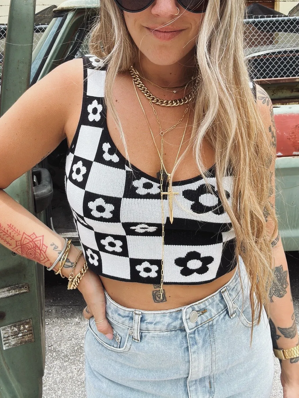 More Than Maybe Floral/Checker Board Print Knit Crop Top