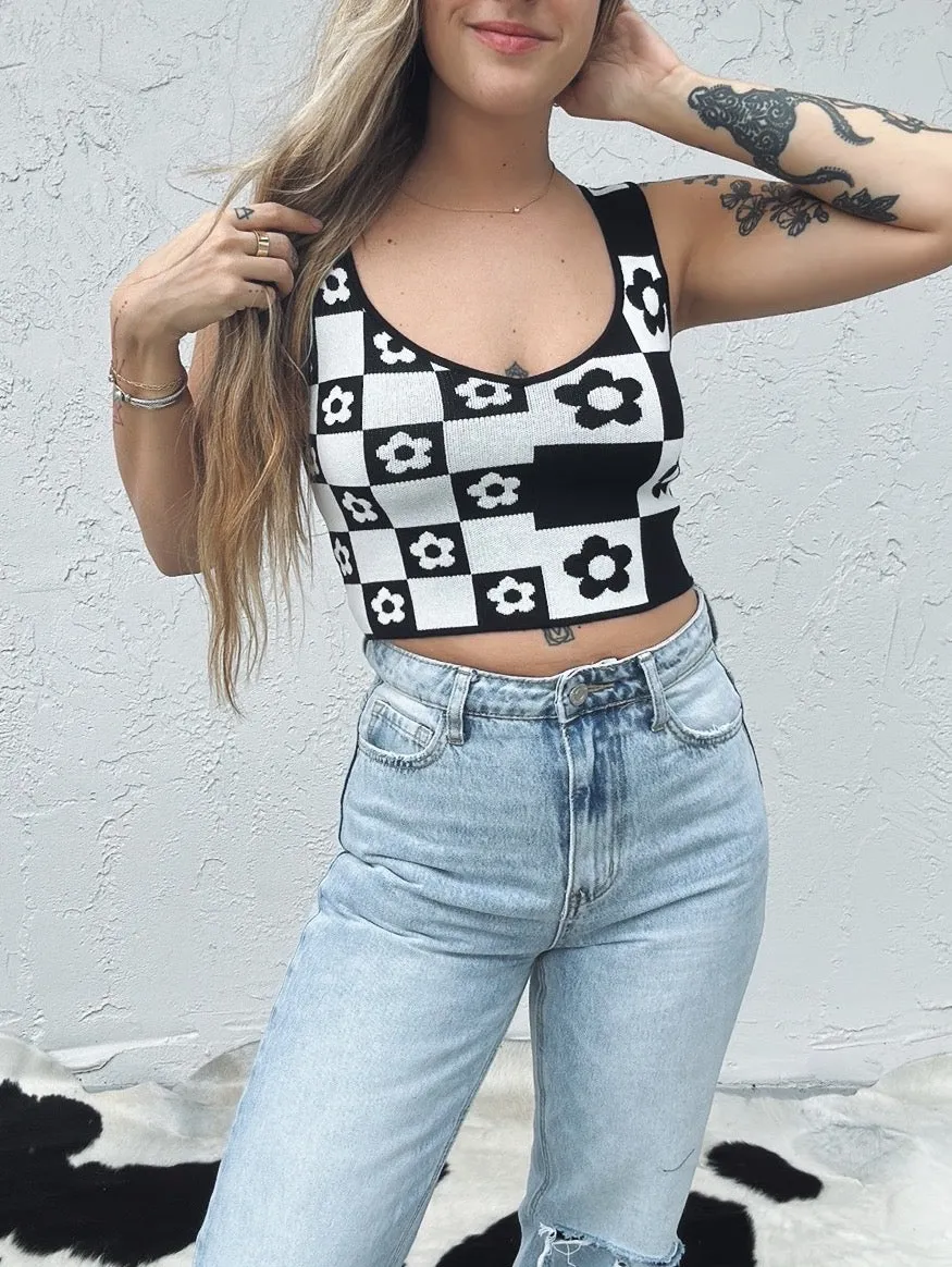 More Than Maybe Floral/Checker Board Print Knit Crop Top