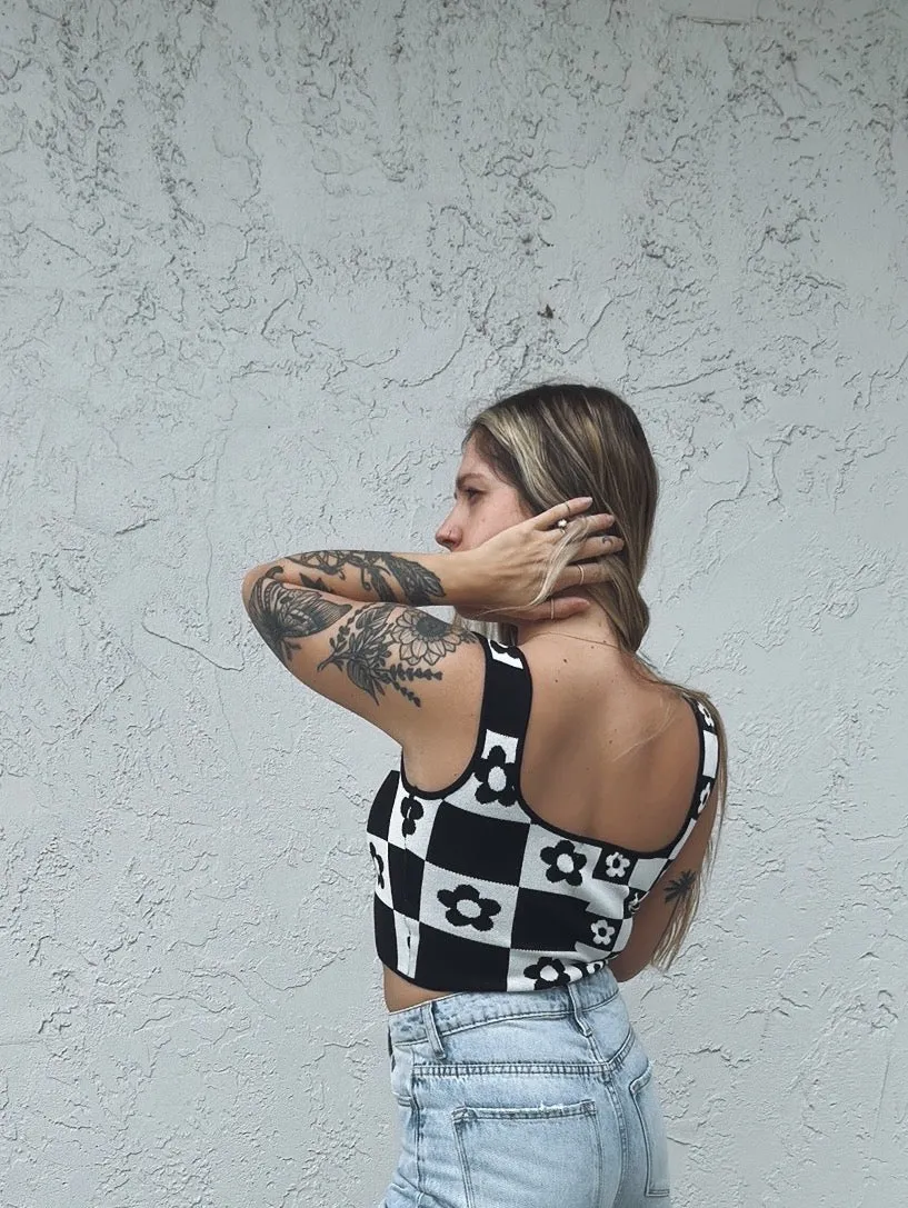 More Than Maybe Floral/Checker Board Print Knit Crop Top