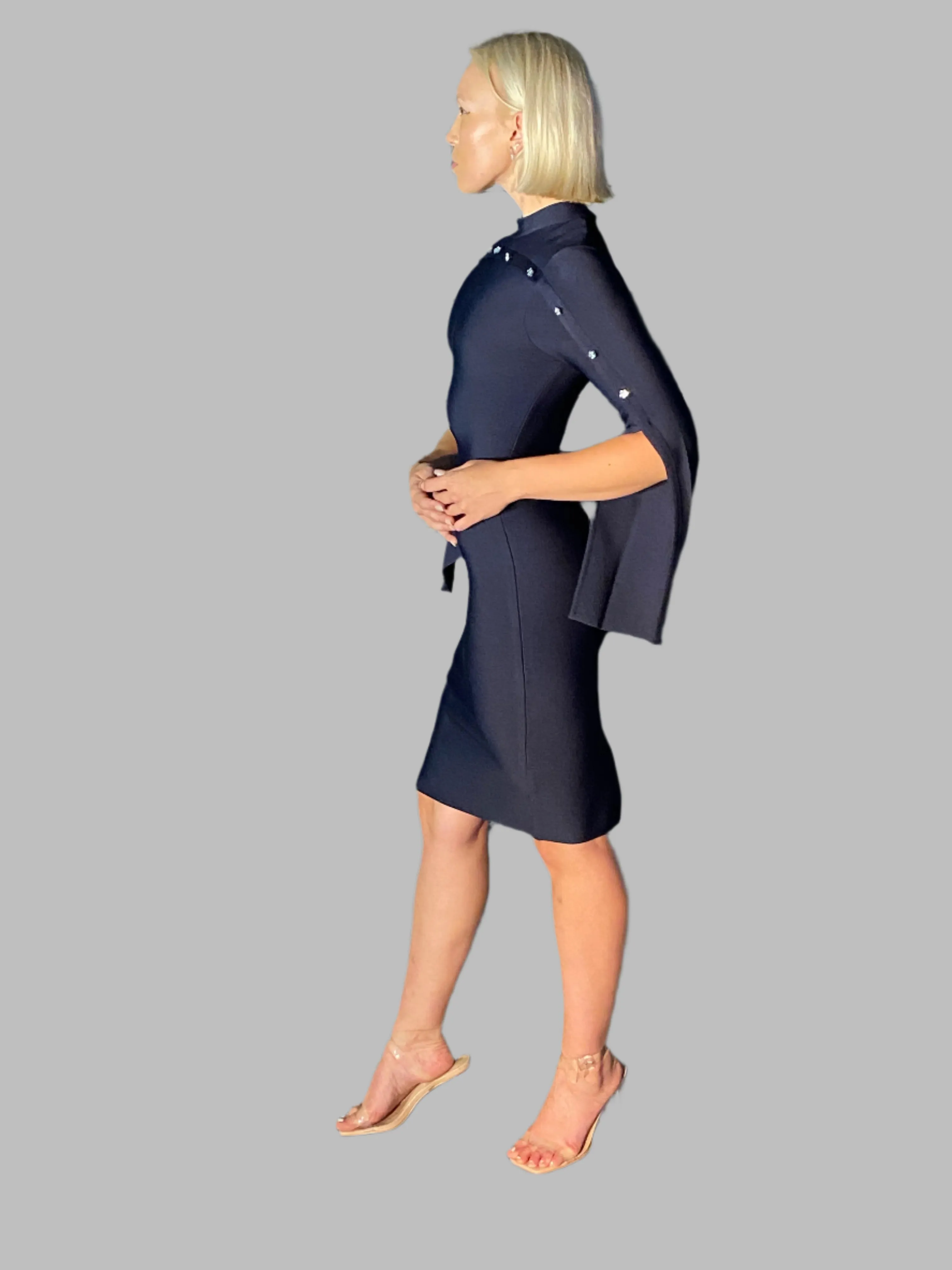 Navy Blue Cape Sleeve Bandage Dress with Floral Buttons