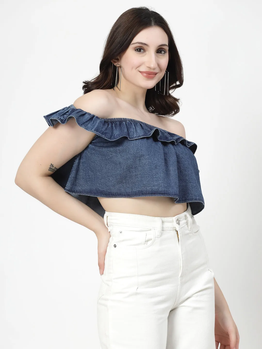 Off Shoulder Dark Indigo Crop Top With Frills