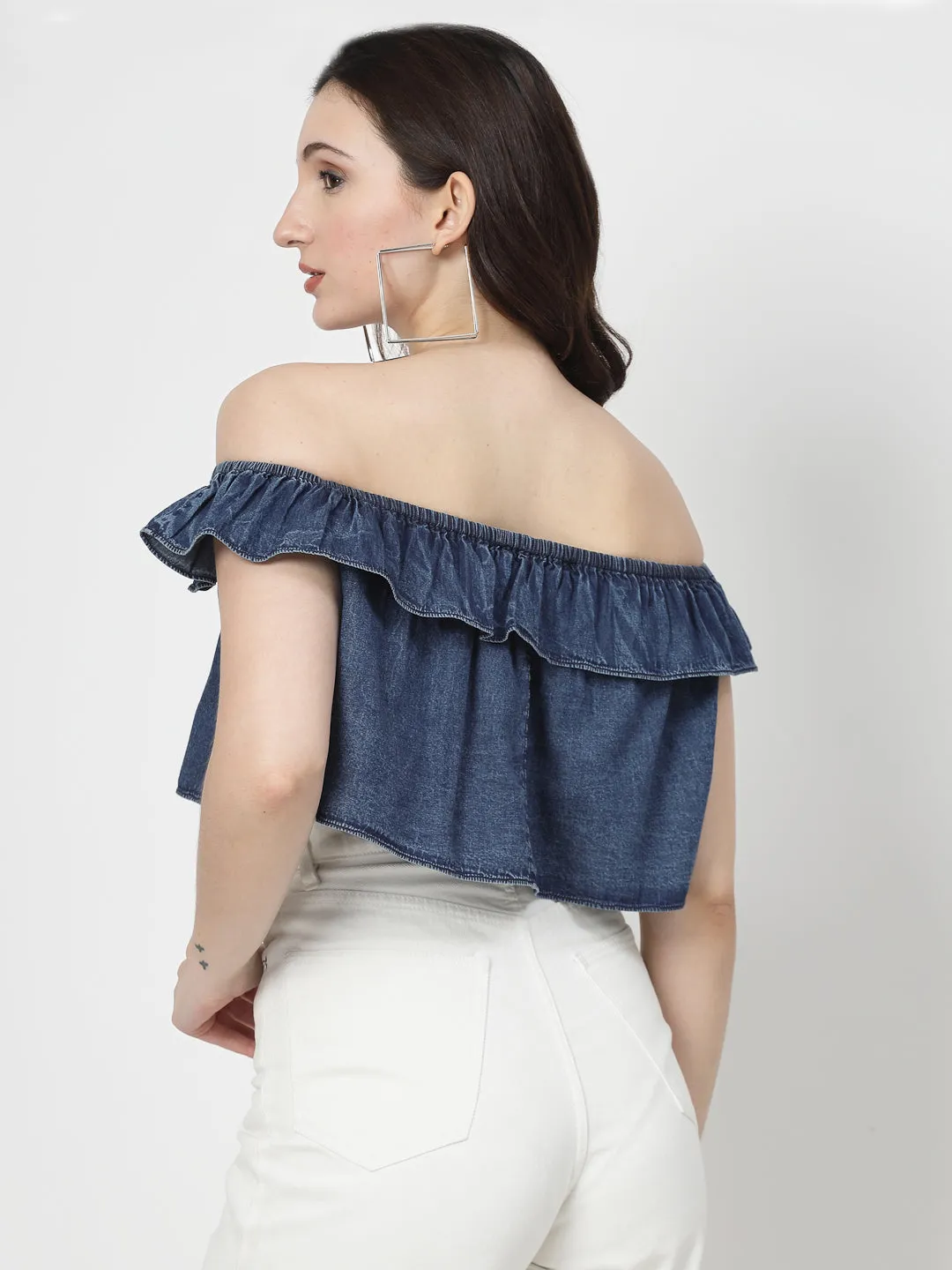 Off Shoulder Dark Indigo Crop Top With Frills