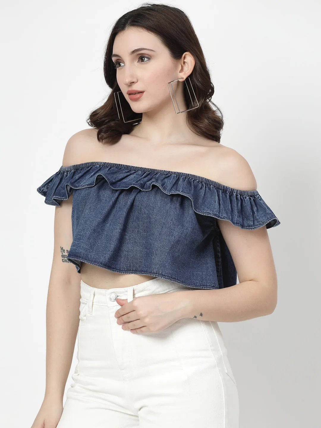 Off Shoulder Dark Indigo Crop Top With Frills