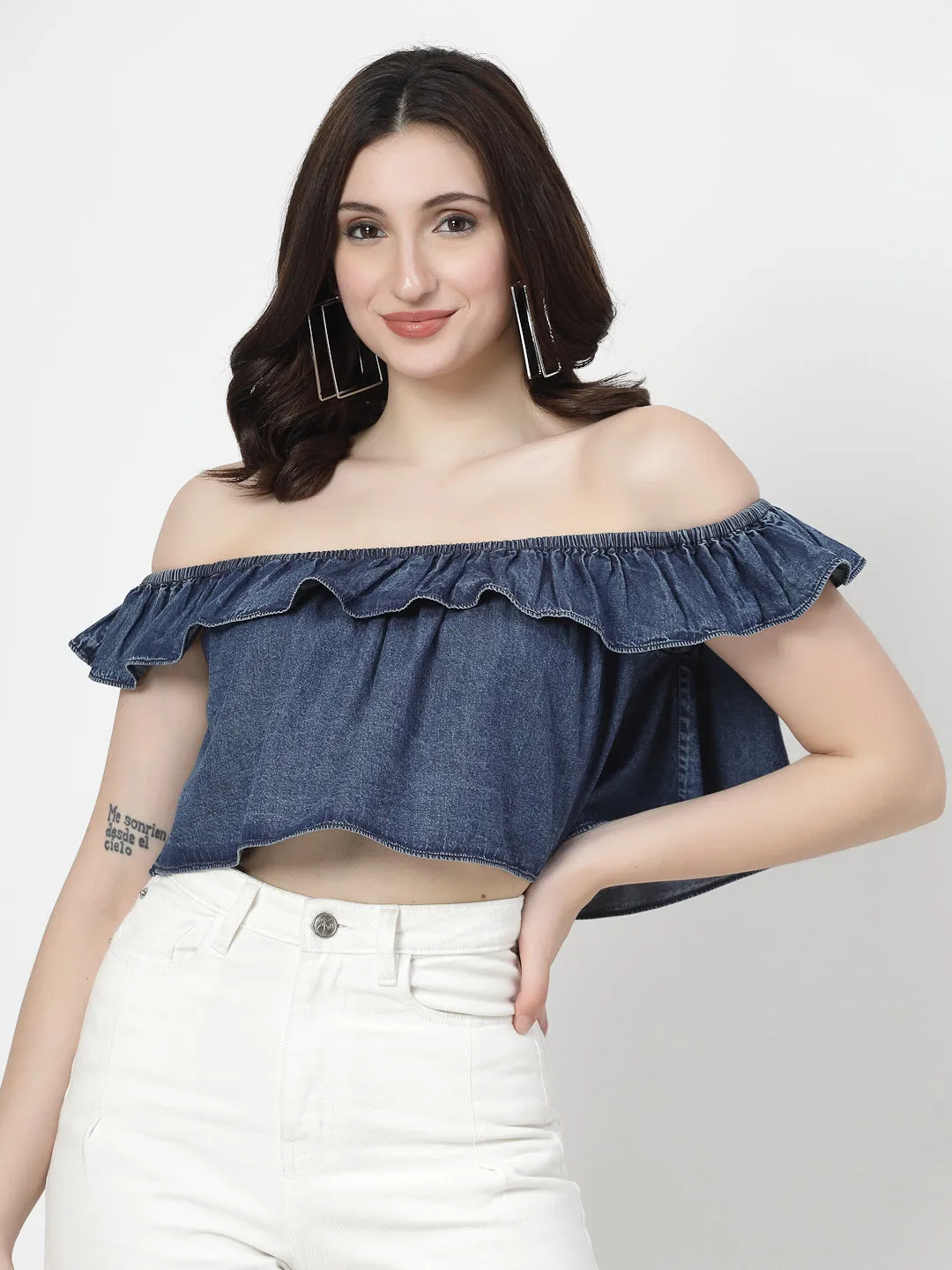 Off Shoulder Dark Indigo Crop Top With Frills