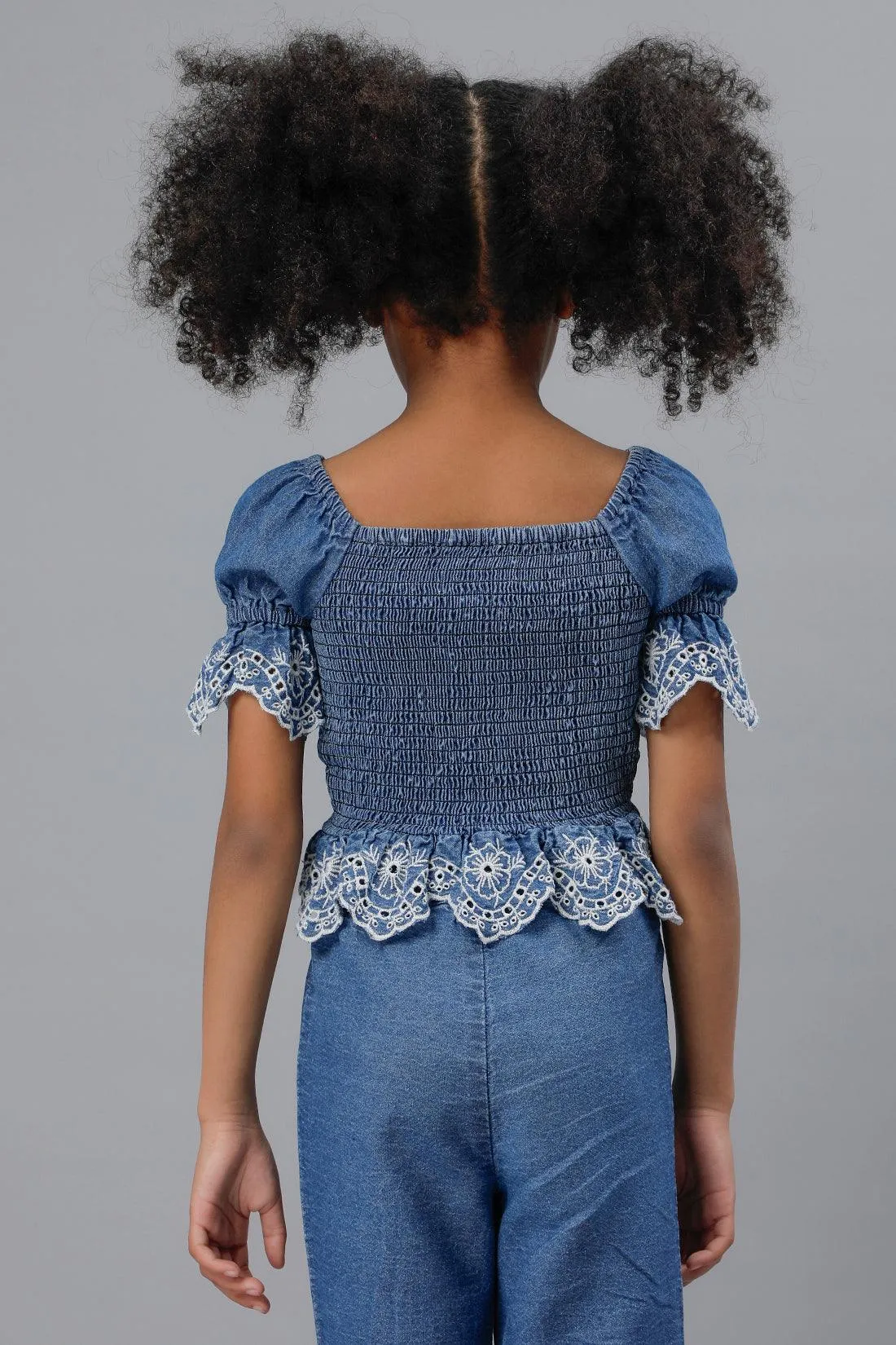 One Friday Girls Blue Embroidered Crop Top