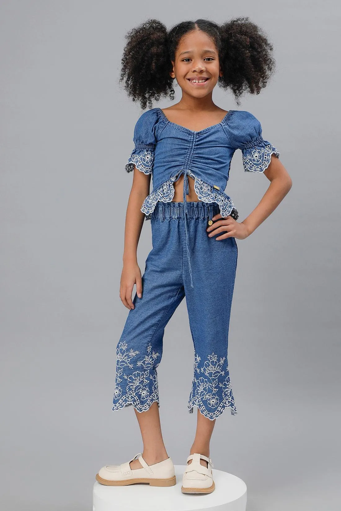 One Friday Girls Blue Embroidered Crop Top