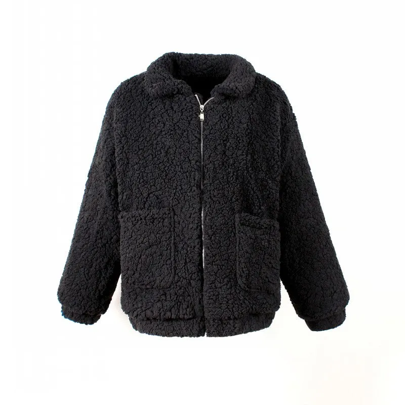 Oversized Teddy Bear Zipup Jacket - Black