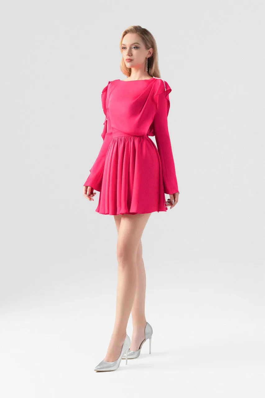 Pink Open Back Ruffled Silk Mini Dress