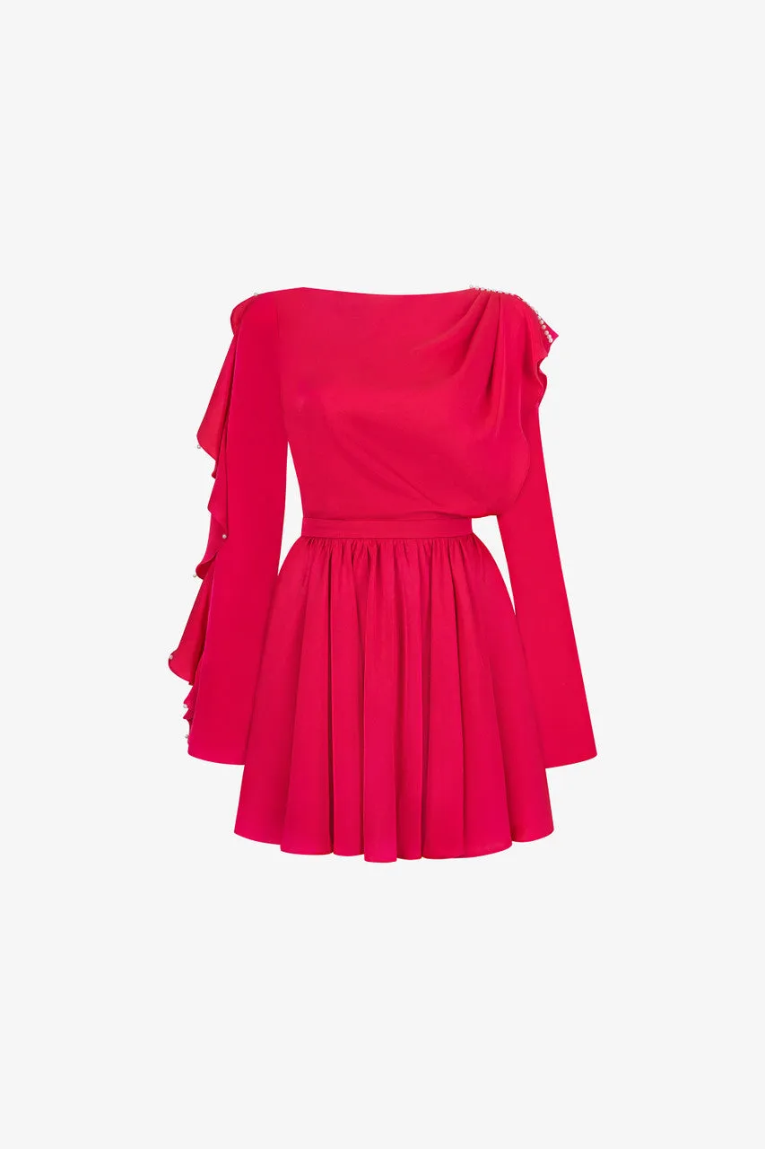 Pink Open Back Ruffled Silk Mini Dress