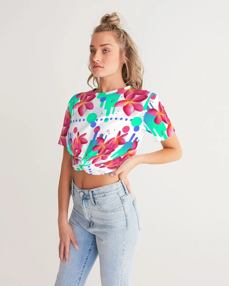 Pink Plumeria Floral Twist Front Crop Top