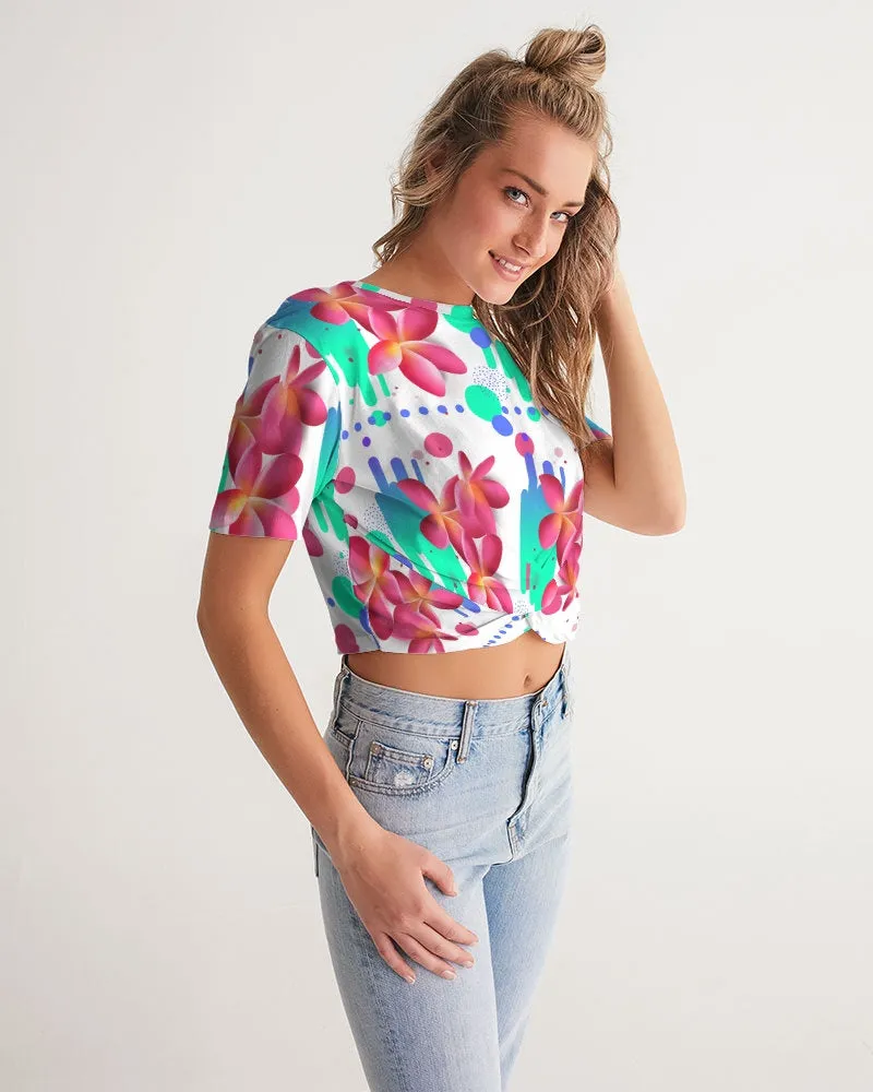 Pink Plumeria Floral Twist Front Crop Top