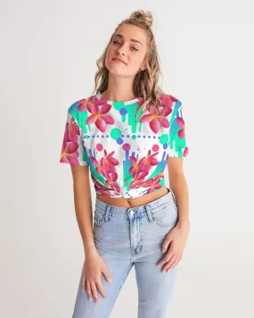 Pink Plumeria Floral Twist Front Crop Top