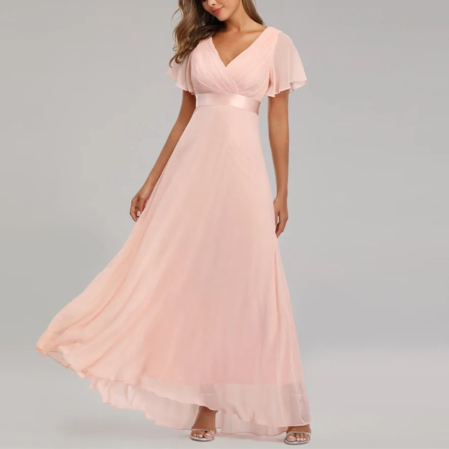 Premium chiffon flare short sleeves maxi dress | High waist large swing flare dress evening gowns