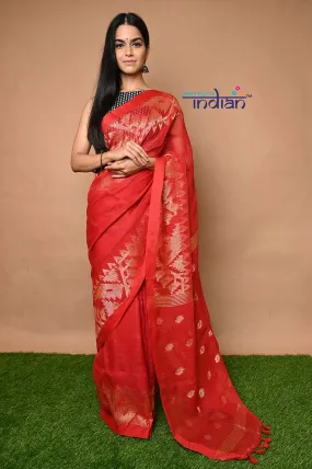 Pure Linen Jamdhani Handwoven and Hand-Dyed Saree in Bright Red Colour