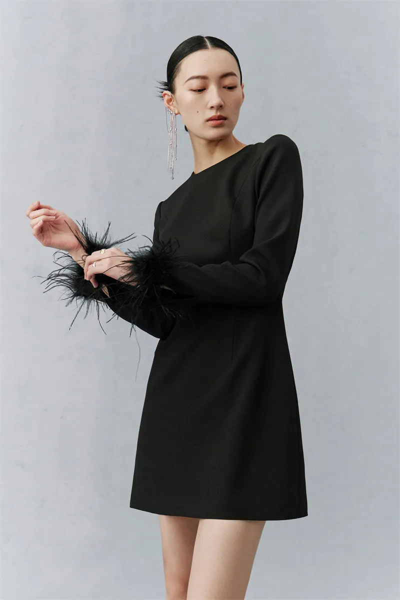 PURITY  Elegant Modern Feathers minimalist long-sleeved little black dress- Dennie