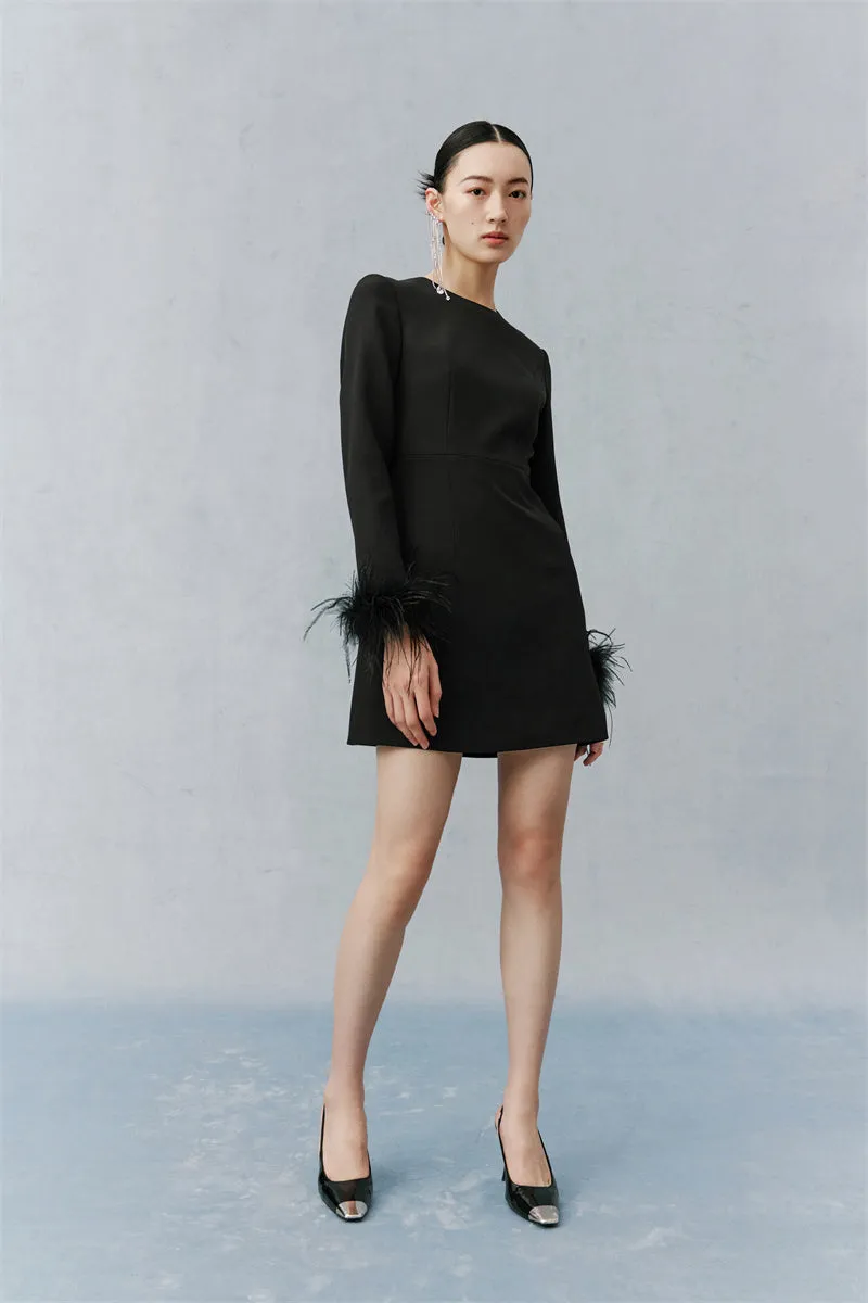 PURITY  Elegant Modern Feathers minimalist long-sleeved little black dress- Dennie