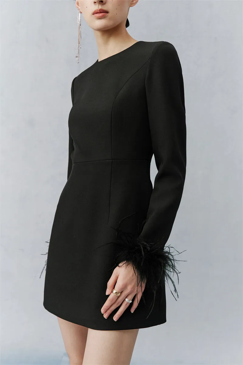 PURITY  Elegant Modern Feathers minimalist long-sleeved little black dress- Dennie