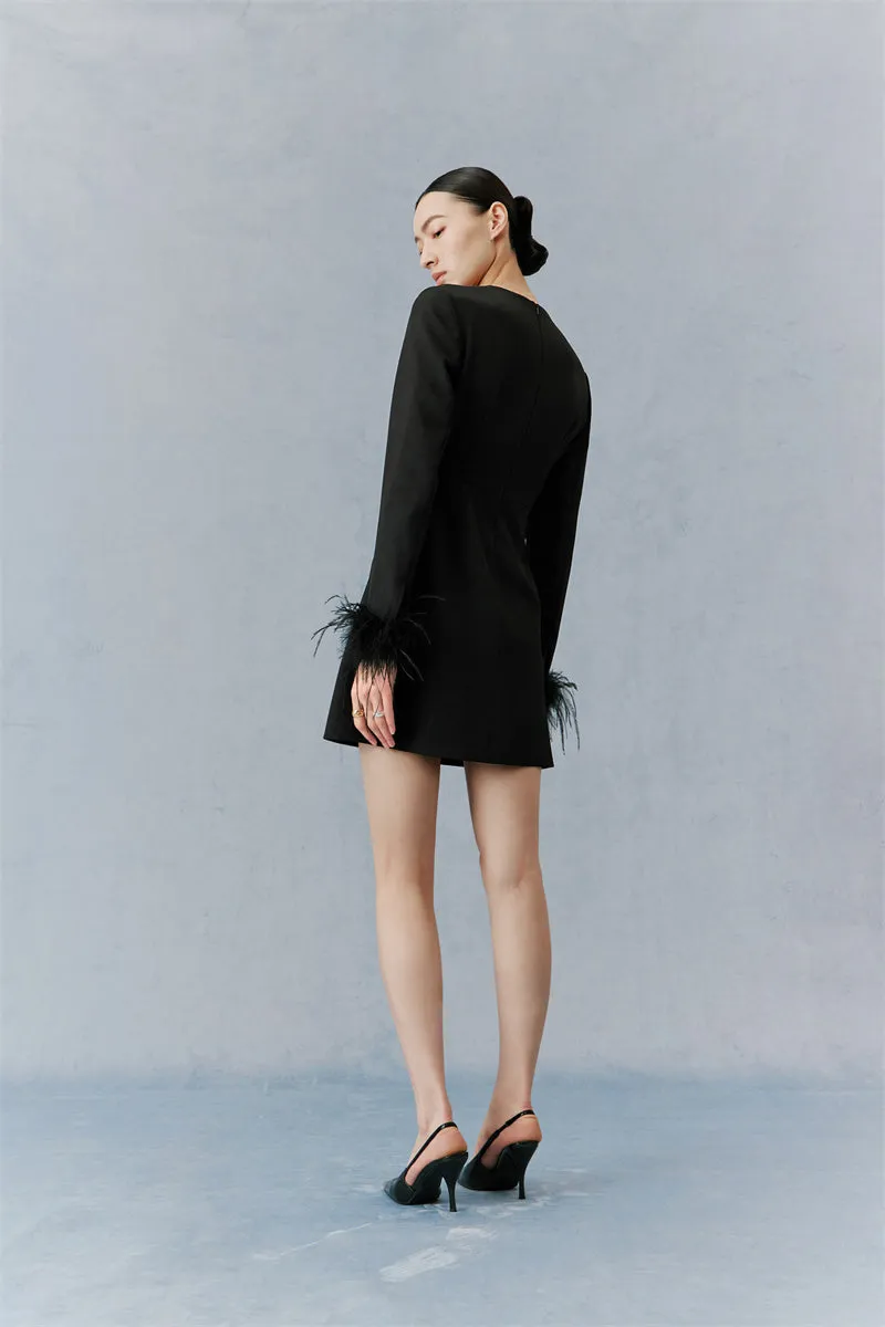 PURITY  Elegant Modern Feathers minimalist long-sleeved little black dress- Dennie