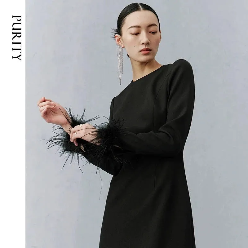 PURITY  Elegant Modern Feathers minimalist long-sleeved little black dress- Dennie