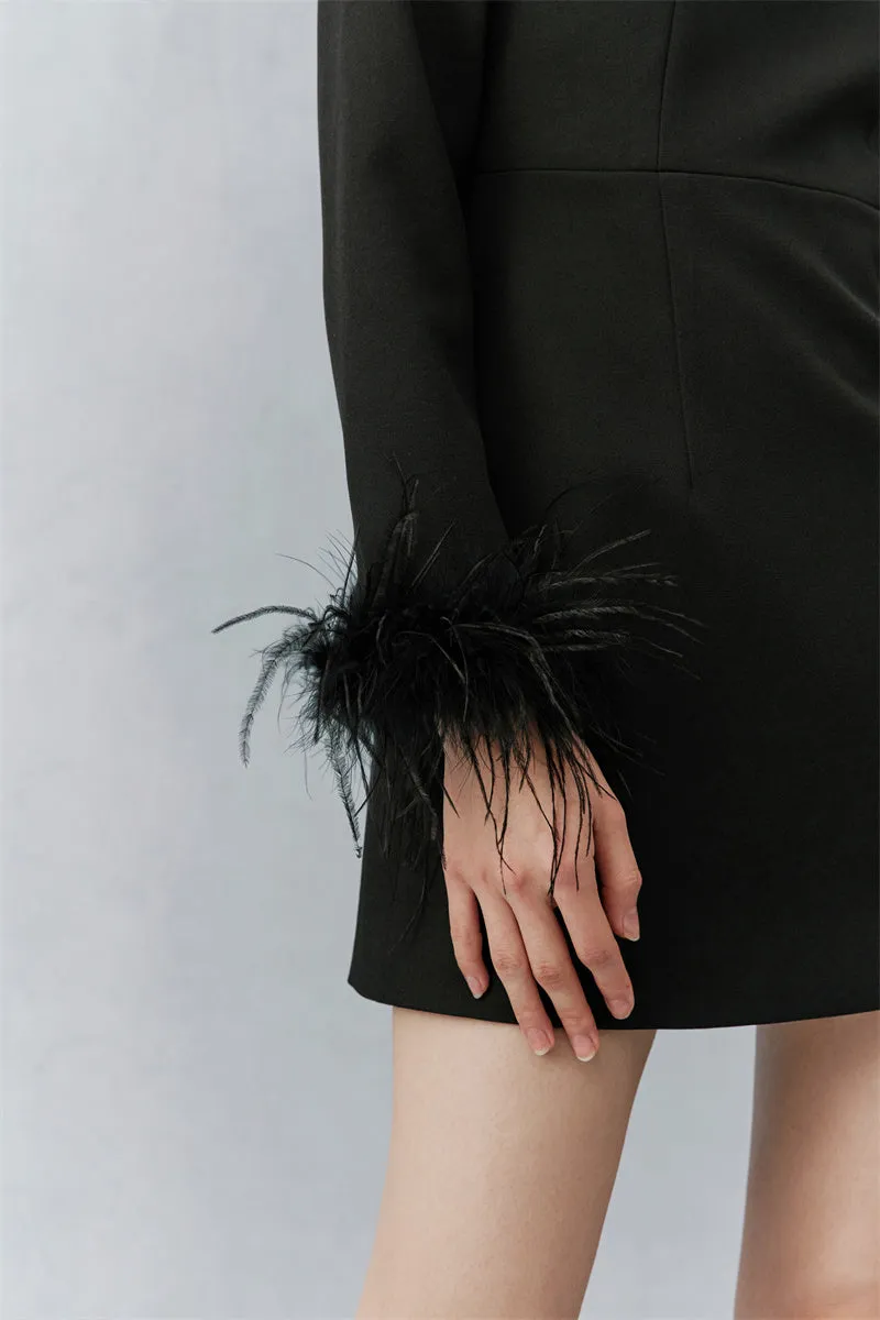 PURITY  Elegant Modern Feathers minimalist long-sleeved little black dress- Dennie