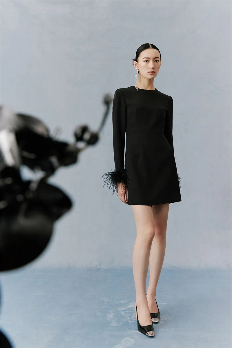 PURITY  Elegant Modern Feathers minimalist long-sleeved little black dress- Dennie