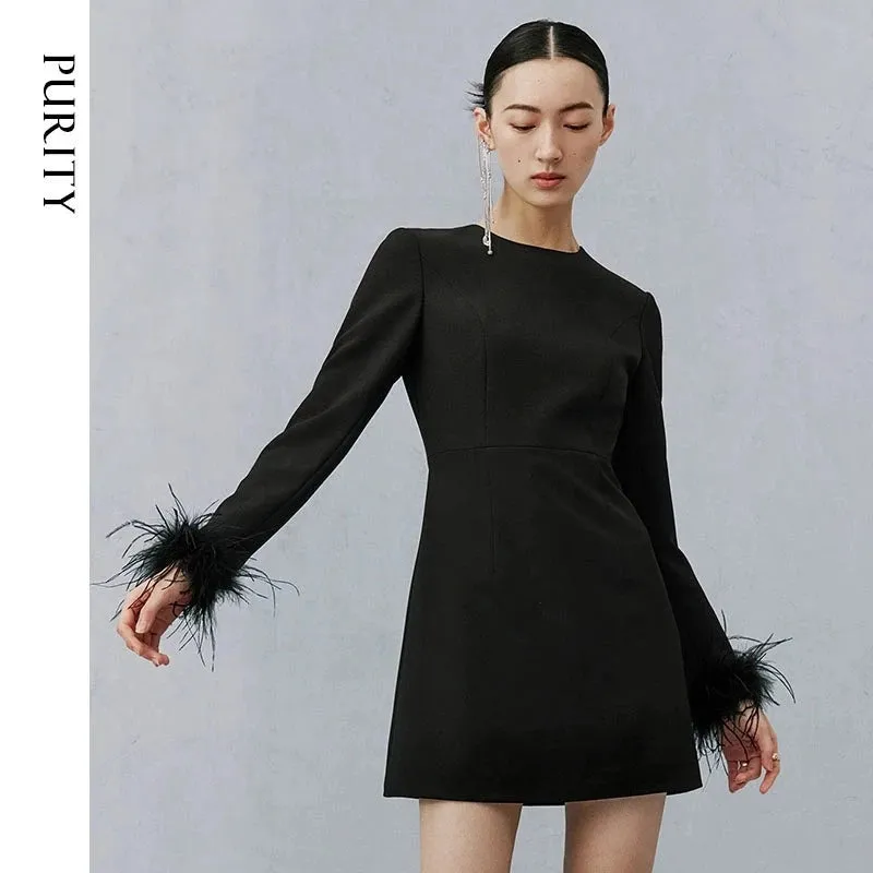 PURITY  Elegant Modern Feathers minimalist long-sleeved little black dress- Dennie