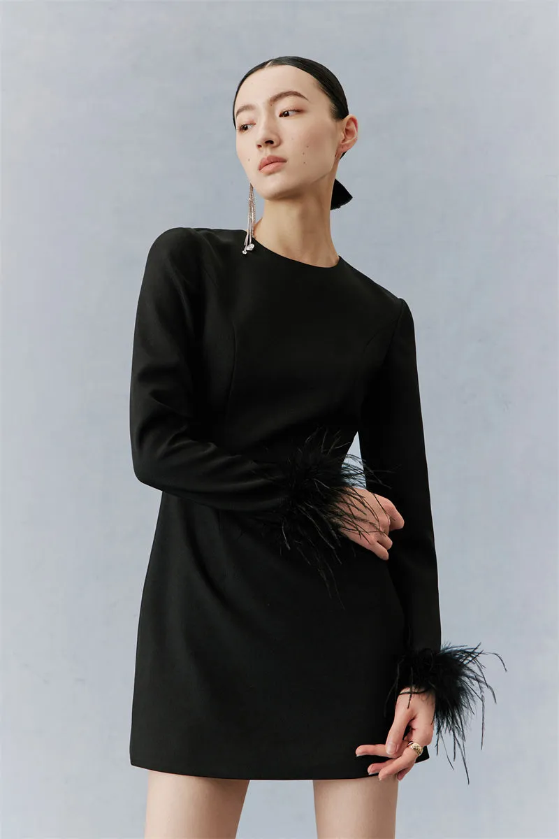 PURITY  Elegant Modern Feathers minimalist long-sleeved little black dress- Dennie