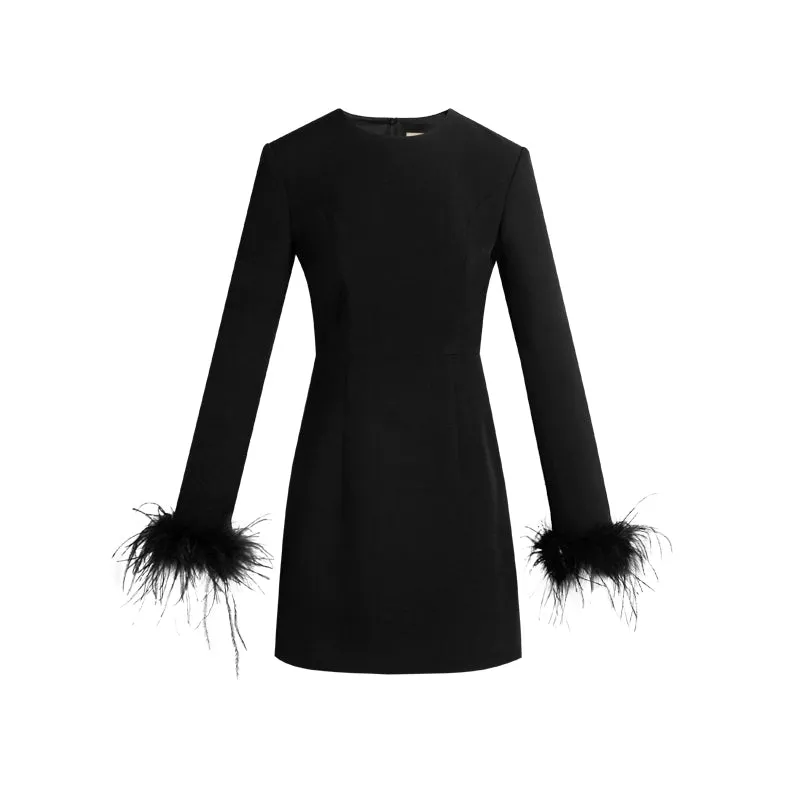 PURITY  Elegant Modern Feathers minimalist long-sleeved little black dress- Dennie