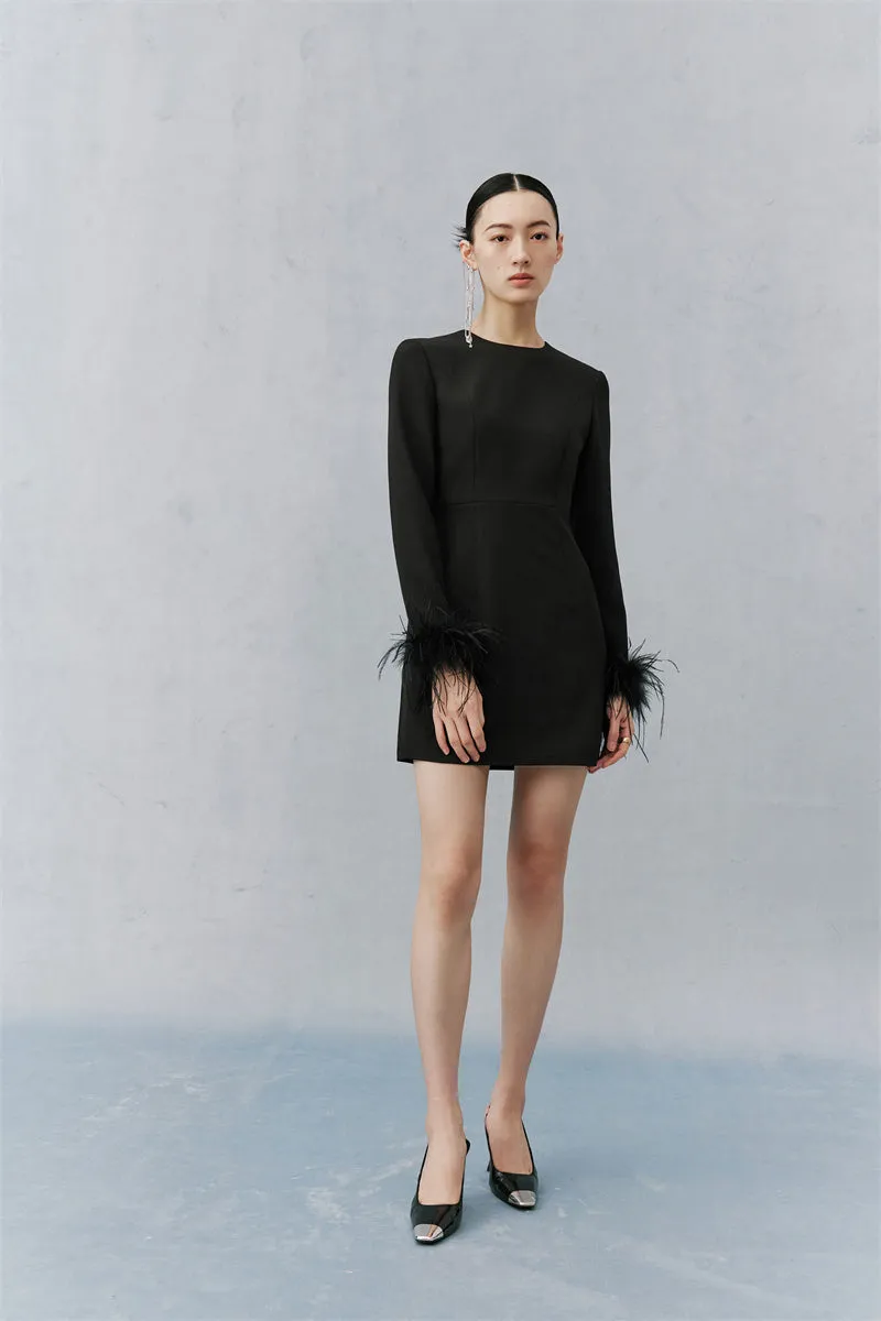 PURITY  Elegant Modern Feathers minimalist long-sleeved little black dress- Dennie