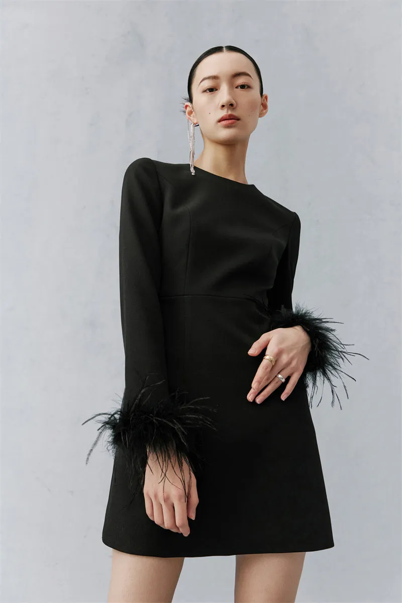 PURITY  Elegant Modern Feathers minimalist long-sleeved little black dress- Dennie