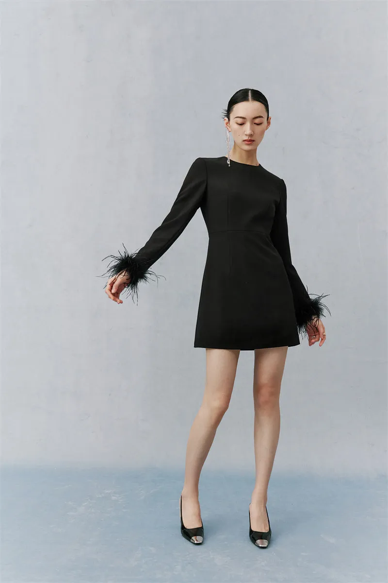 PURITY  Elegant Modern Feathers minimalist long-sleeved little black dress- Dennie