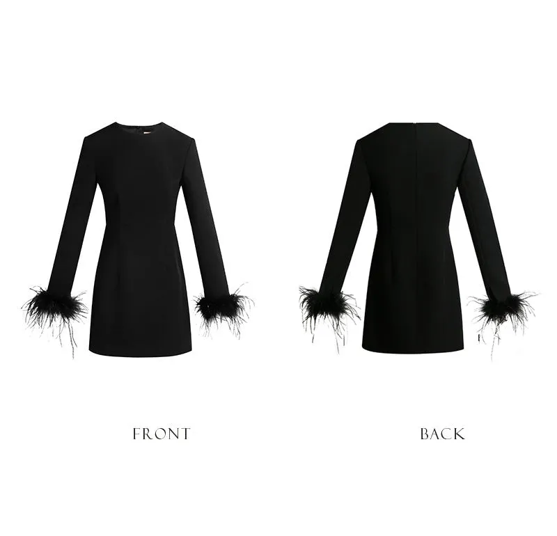 PURITY  Elegant Modern Feathers minimalist long-sleeved little black dress- Dennie