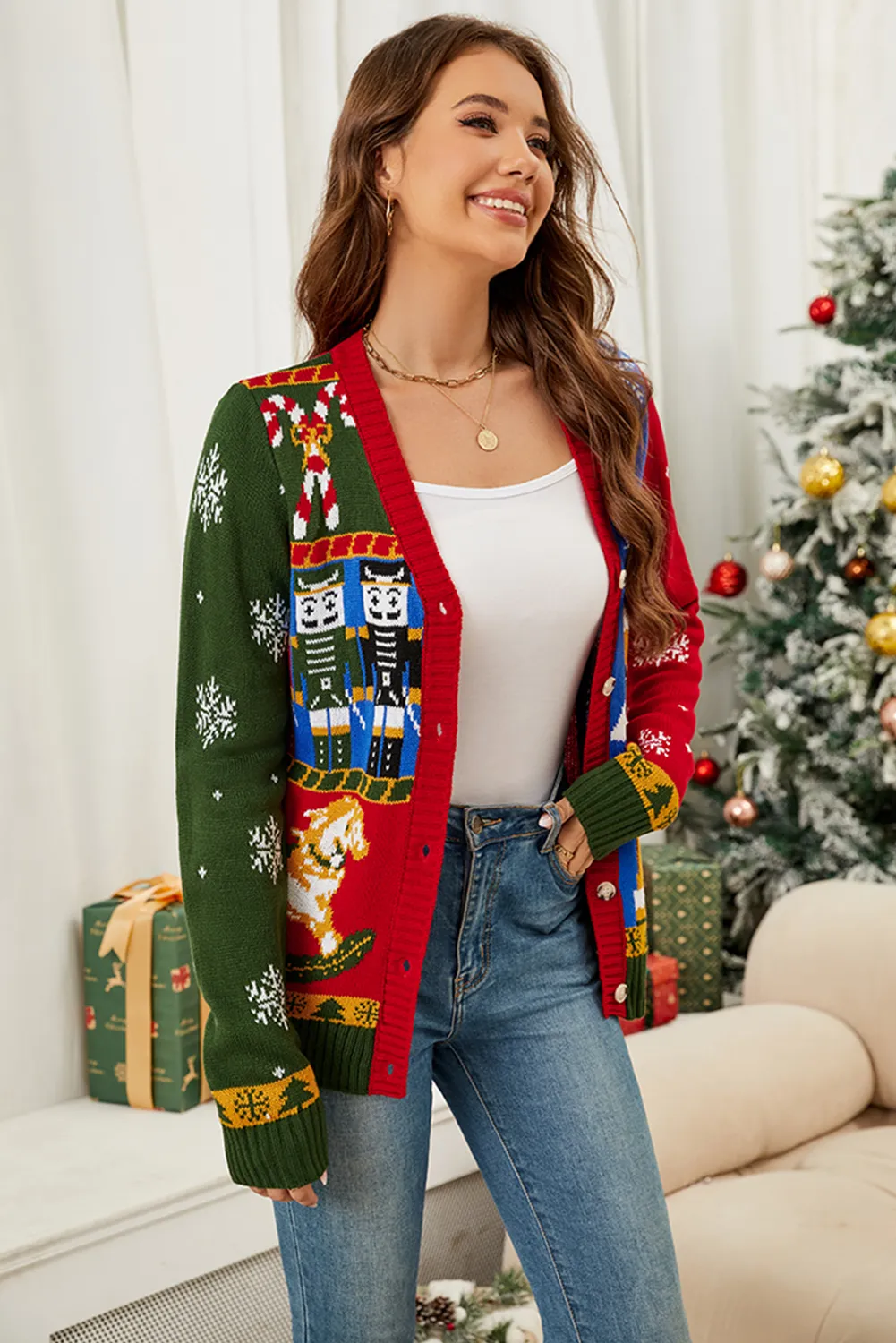 Racing Red Christmas Contrasting Jacquard Cardigan