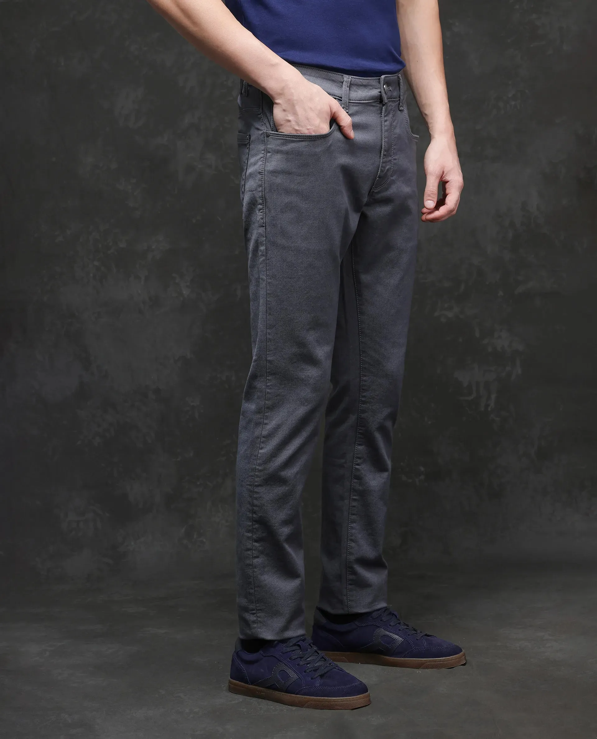 Rare Rabbit Men Corvo Dark Grey Cotton Polyester Fabric Slim Fit Plain Denim Pant