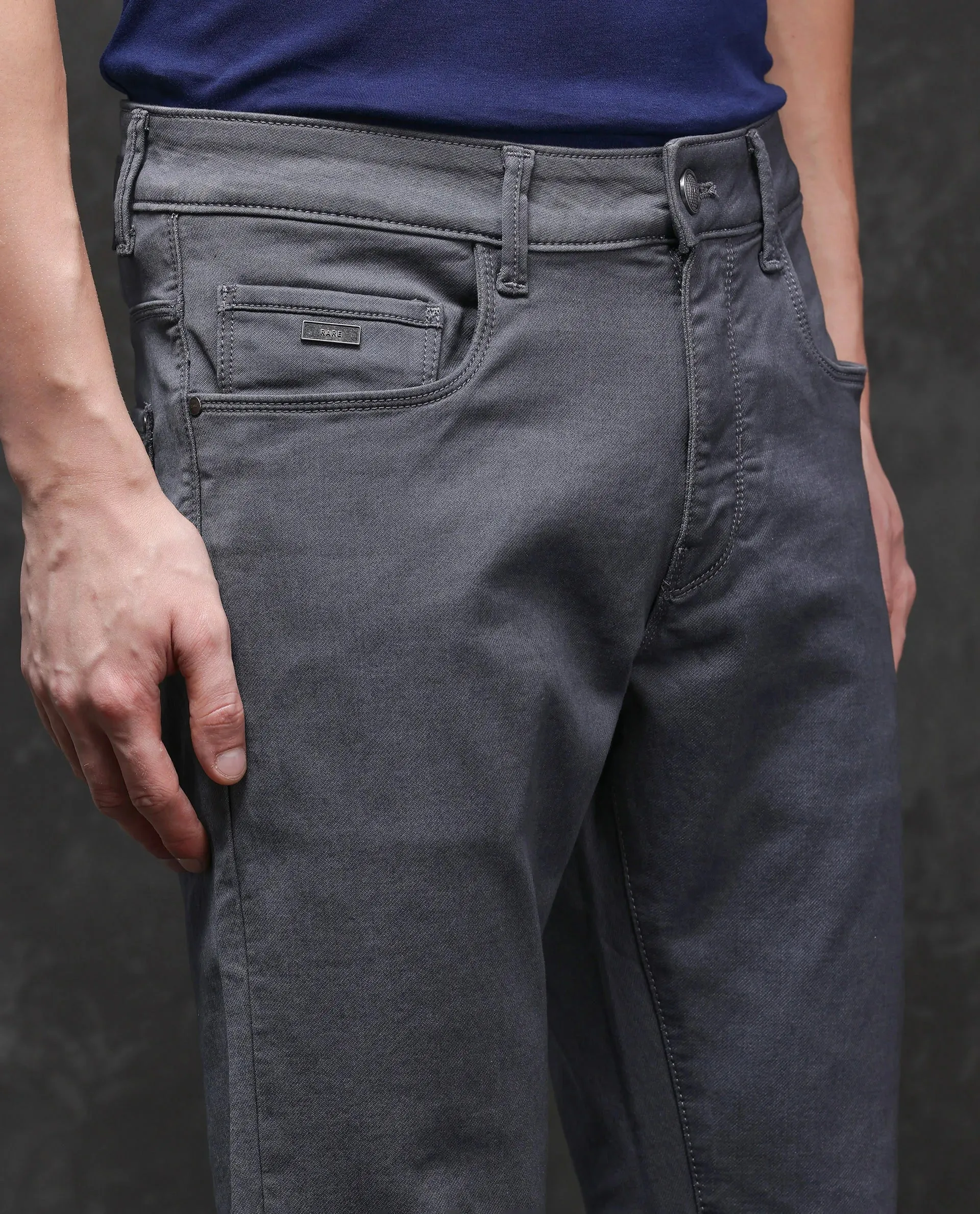 Rare Rabbit Men Corvo Dark Grey Cotton Polyester Fabric Slim Fit Plain Denim Pant