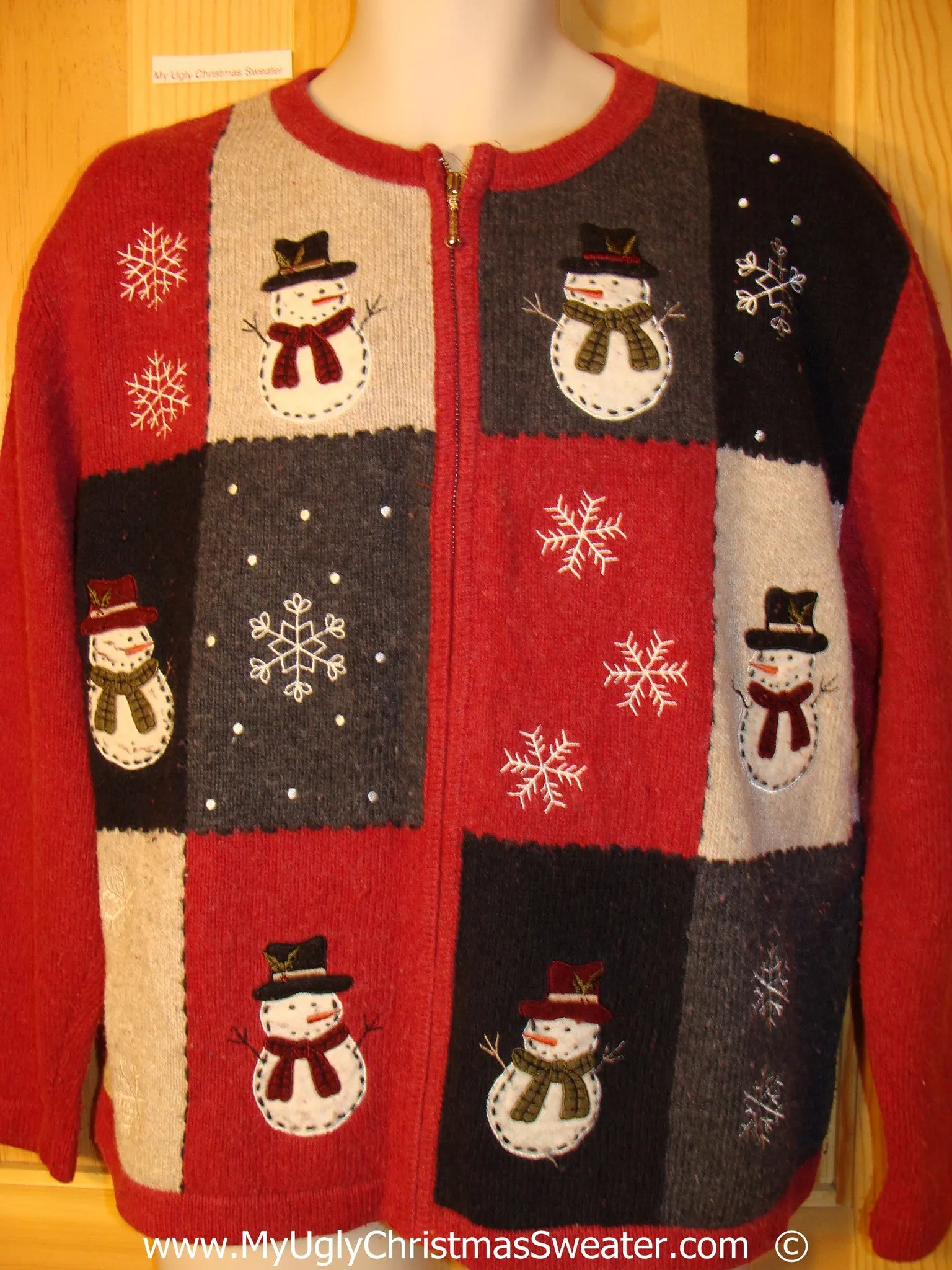 Red Patchwork Snowmen Festive Christmas Sweater