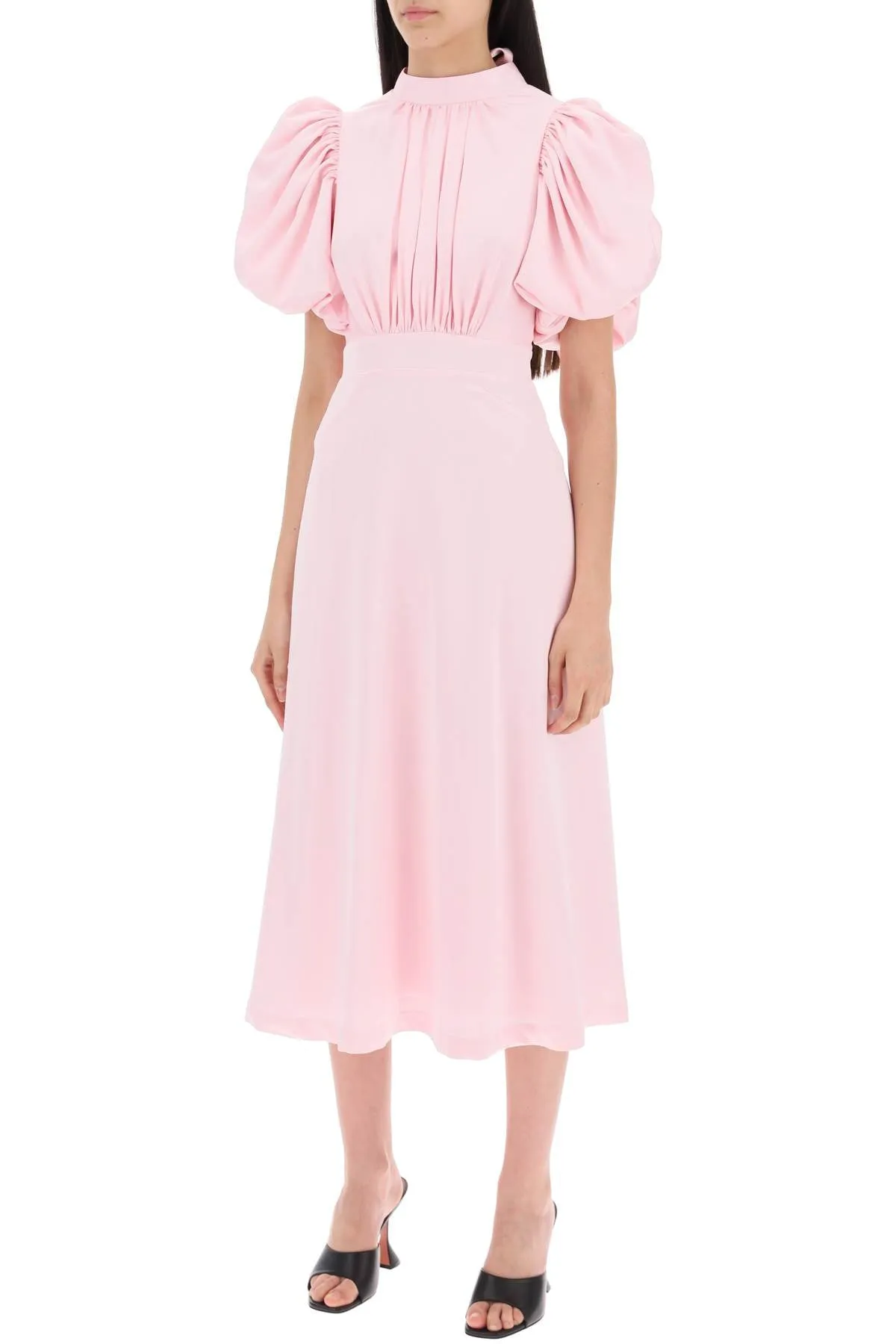 Rotate midi satin dress with balloon sleeves