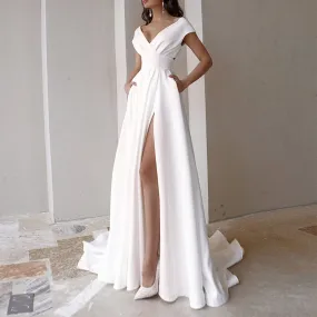 Sexy white v-neck wrap backless split maxi dress | Summer wedding party floor length dress