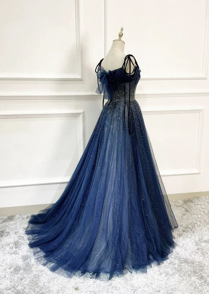 Shiny Navy Blue Tulle Straps Long Prom Dresses Party Dresses, A-line Beaded Prom Dresses      fg5018