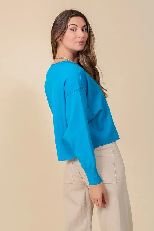 SOLID DROP SHOULDER V NECK TOP