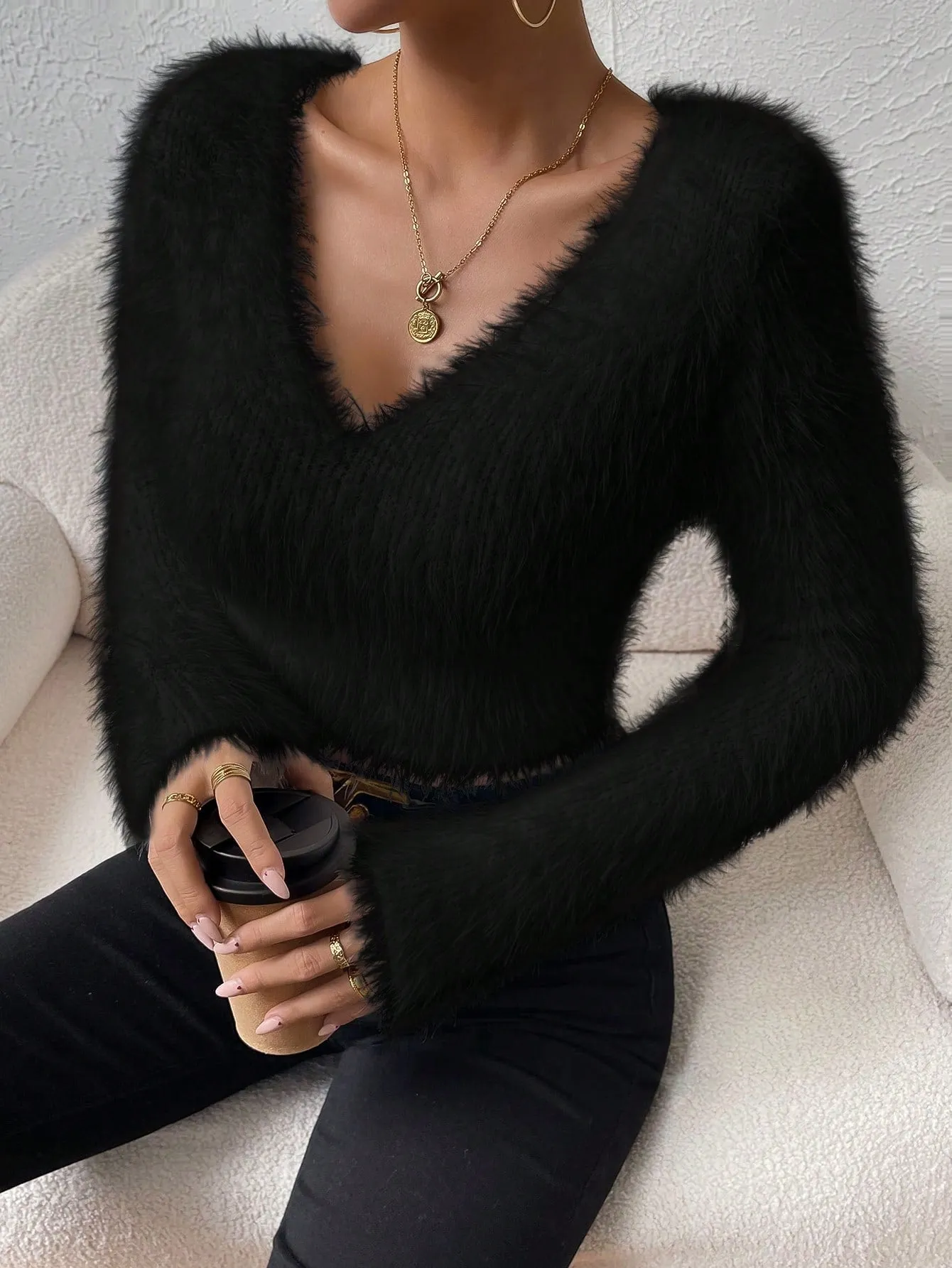 Solid V Neck Crop Fuzzy Sweater