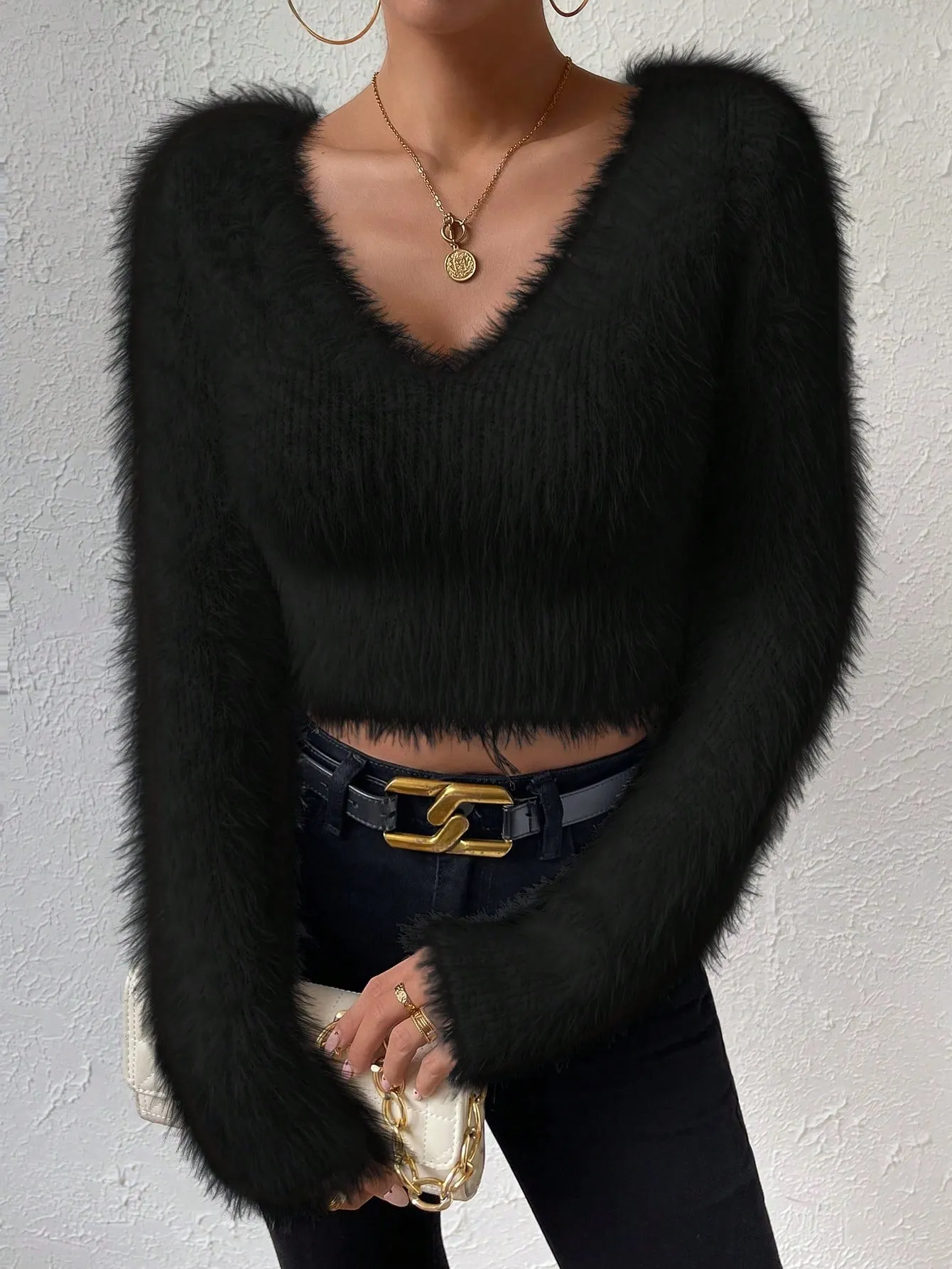 Solid V Neck Crop Fuzzy Sweater