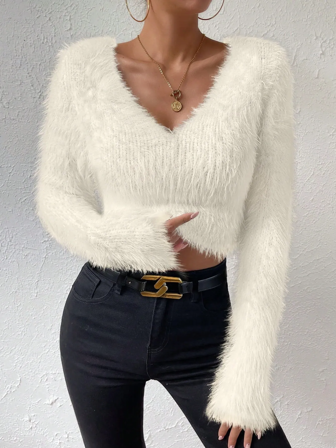 Solid V Neck Crop Fuzzy Sweater